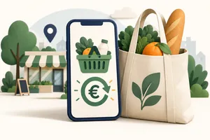 Cashback-Apps im Alltag nutzen Smartphone und Einkaufstasche als Illustration für Cashback unterwegs